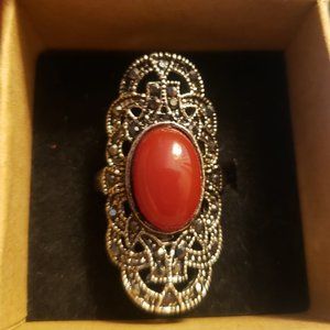 Silver Marcasite Faux Red Opal Ring Size 8